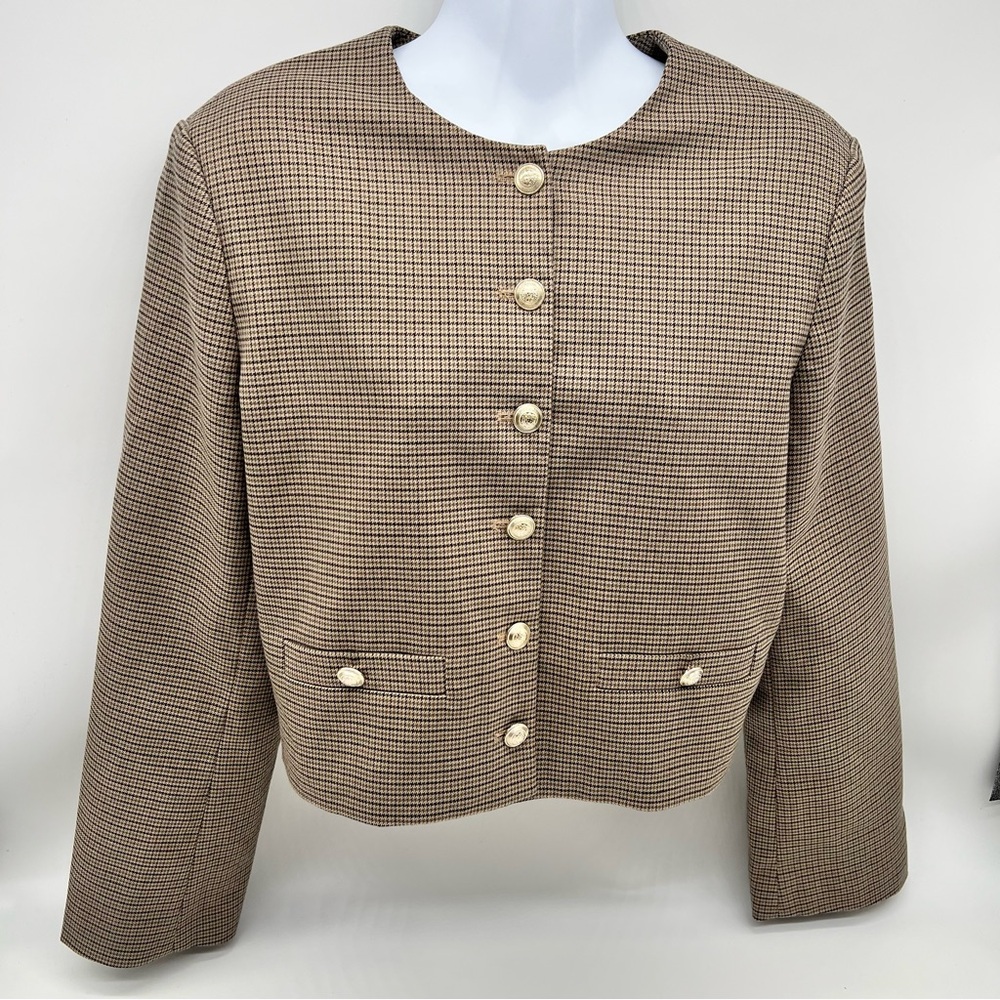 H&M Women’s Houndstooth Tan/Brown Blazer w/Structured Fit silver Buttons- Size S